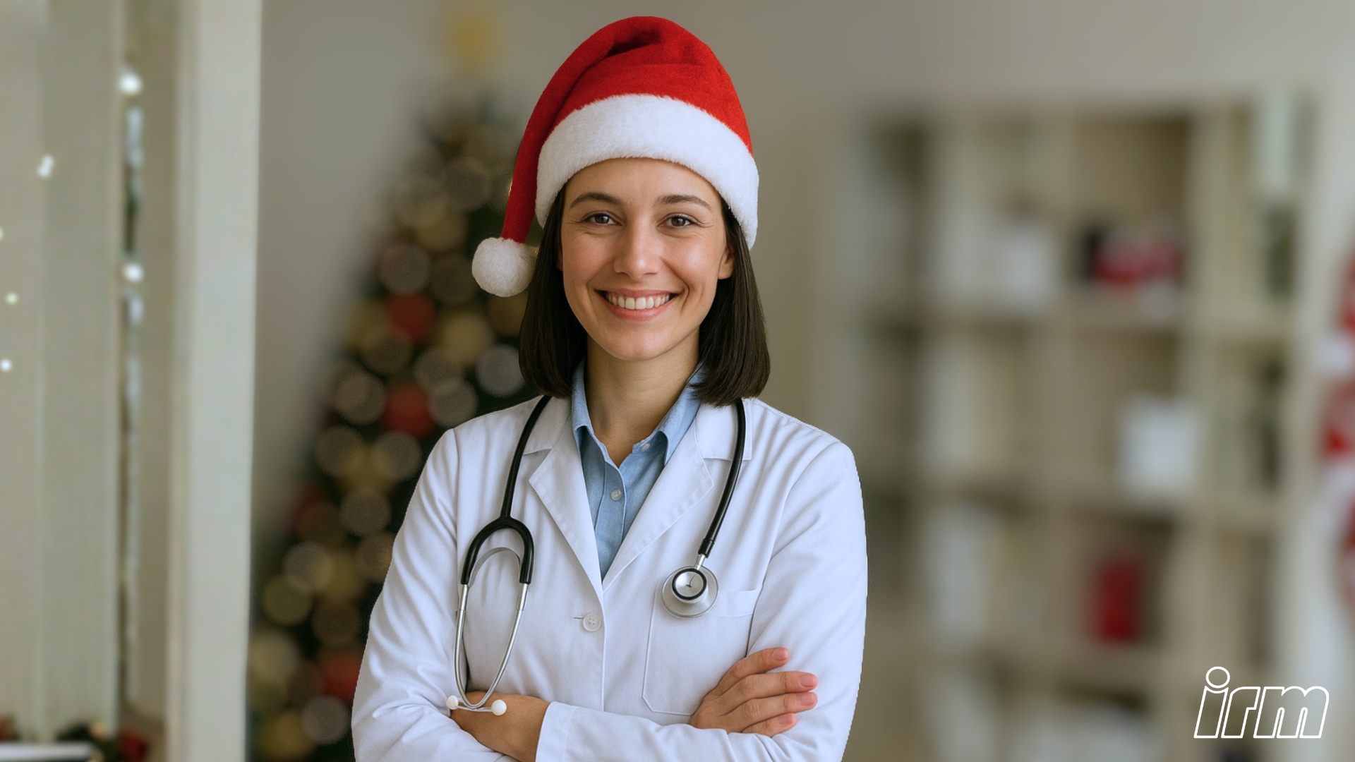 L'immagine rappresenta una dottoressa con un cappello natalizio.
