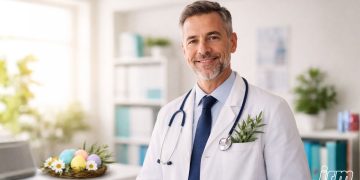 Un medico in piedi nel suo studio con un rametto e fiori nella tasca.