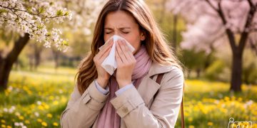 Una donna starnutisce a causa dell'allergia primaverile.