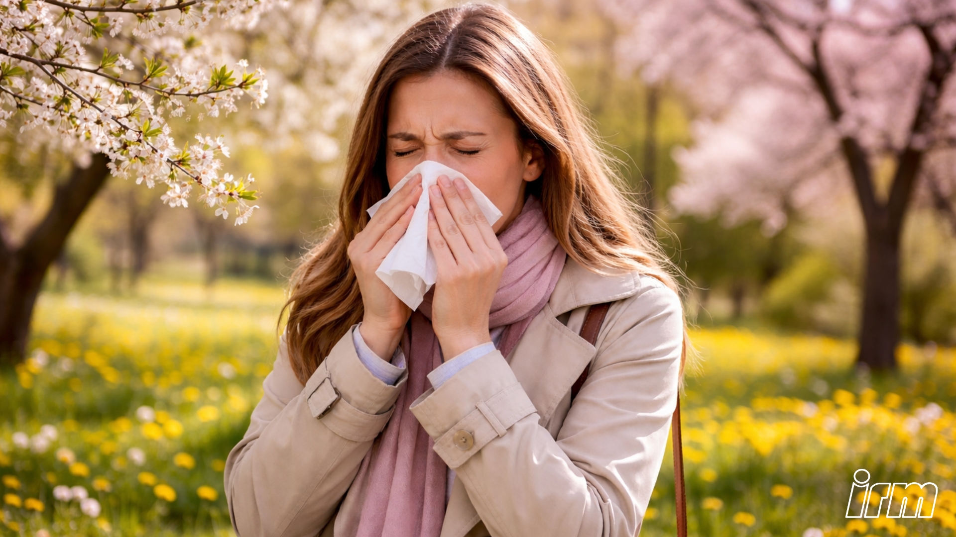 Una donna starnutisce a causa dell'allergia primaverile.