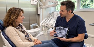 Immagine creata con AI che mostra un medico all'interno del riunito con paziente impianto dentale.