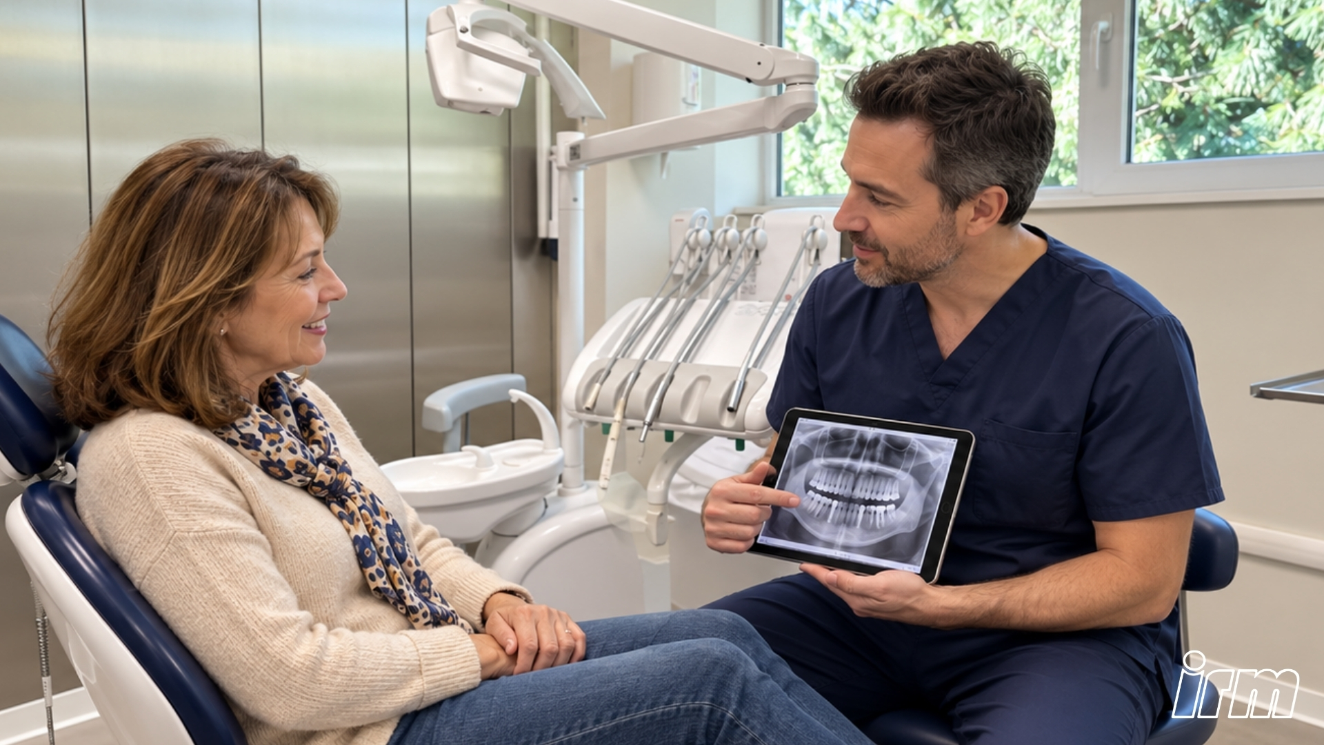 Immagine creata con AI che mostra un medico all'interno del riunito con paziente impianto dentale.